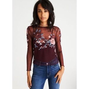 American Eagle Floral Mesh Top Sheer Embroidered‎ Long Sleeve S Whimsigoth